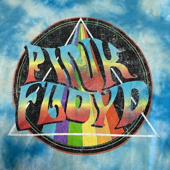 Pink Floyd Band Tee Blue Tie Dye Cropped Raw Hem Crew Neck Cotton Size Small - Picture 3 of 10